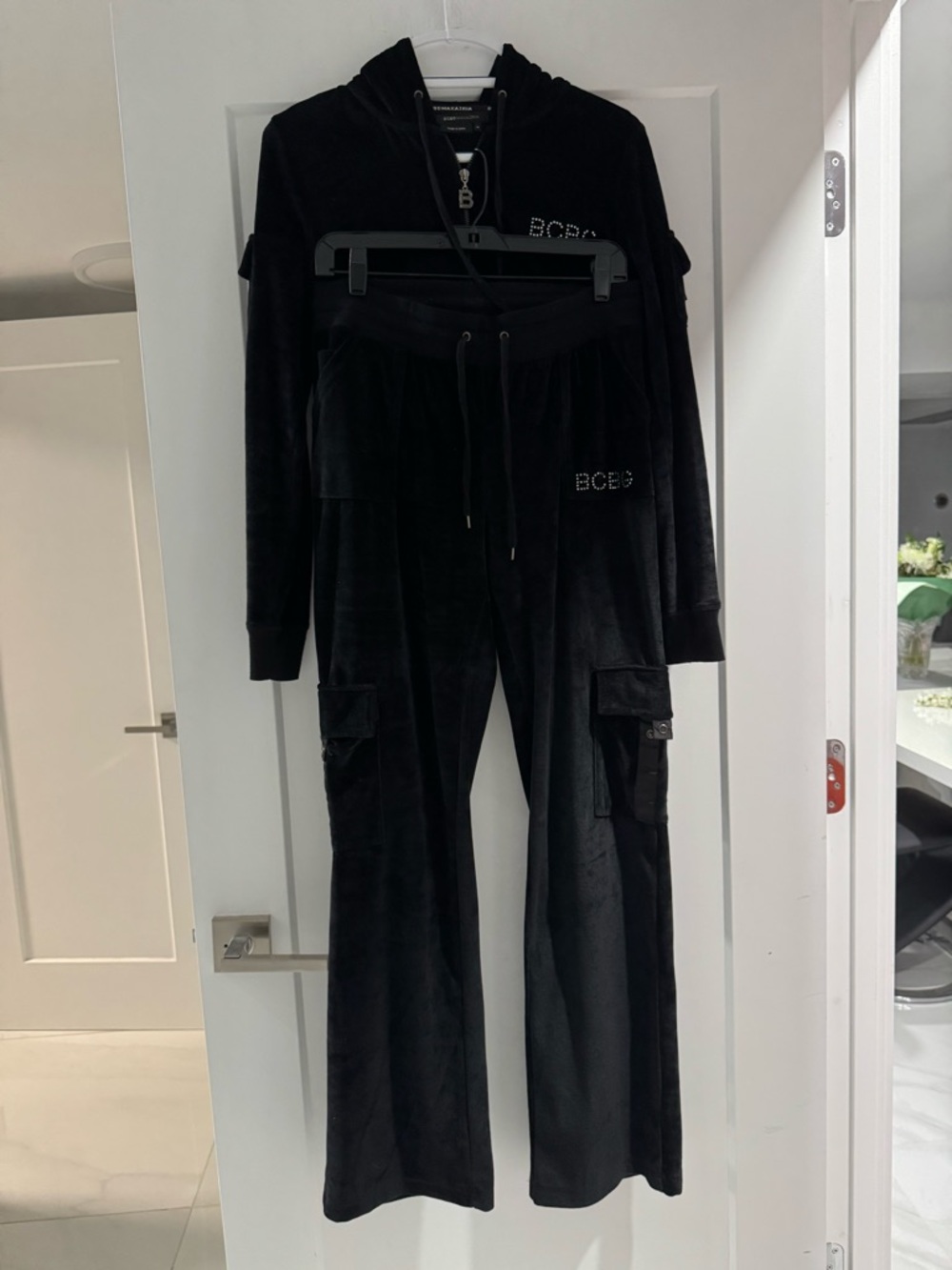 BCBGMaxAzria set. Black Velour Crystal Logo Zip Hoodie, size M. Pants size L